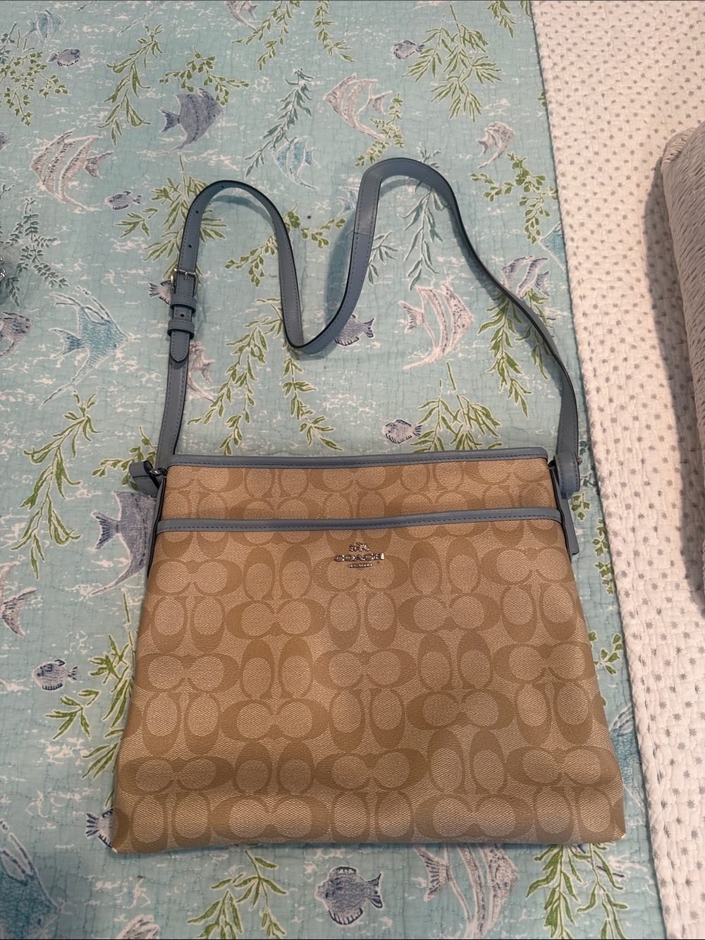 Coach Khaki Canvas Crossbody with Light Blue Trim